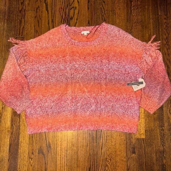 Frye & Co. Spacedyed Ombre Sweater 3X Wool Blend Pink/Red Crewneck With Fringe D - Picture 2 of 6